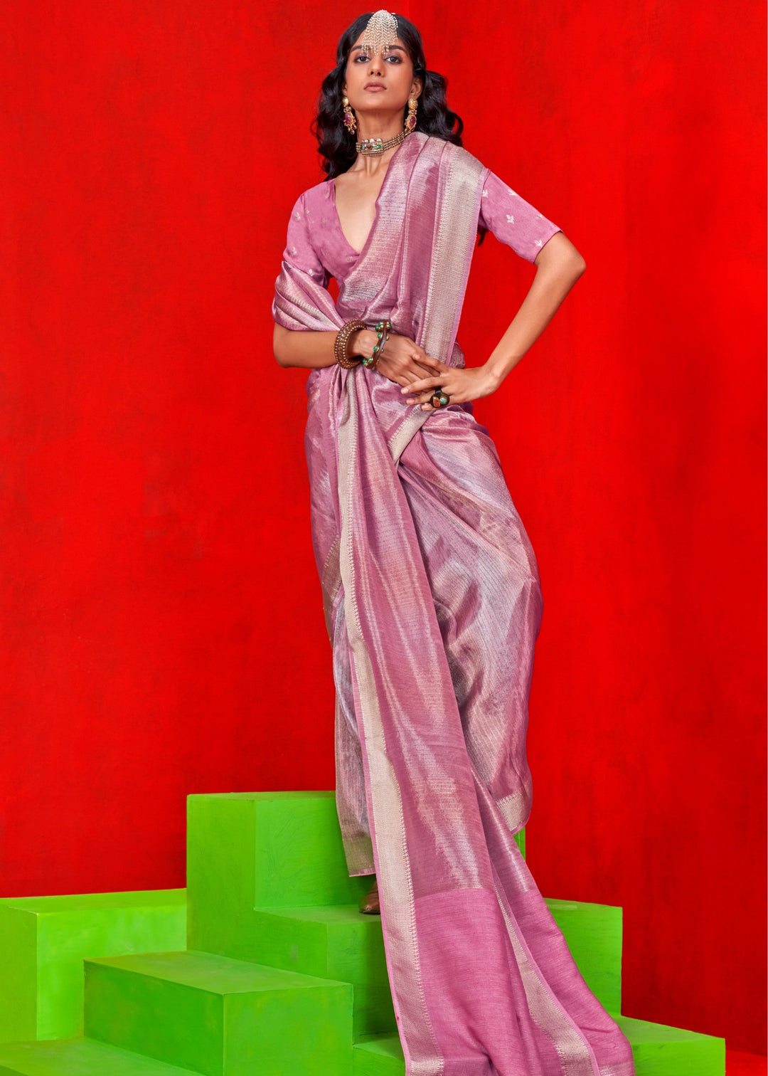 Pink Viscose Tissue Silk Saree