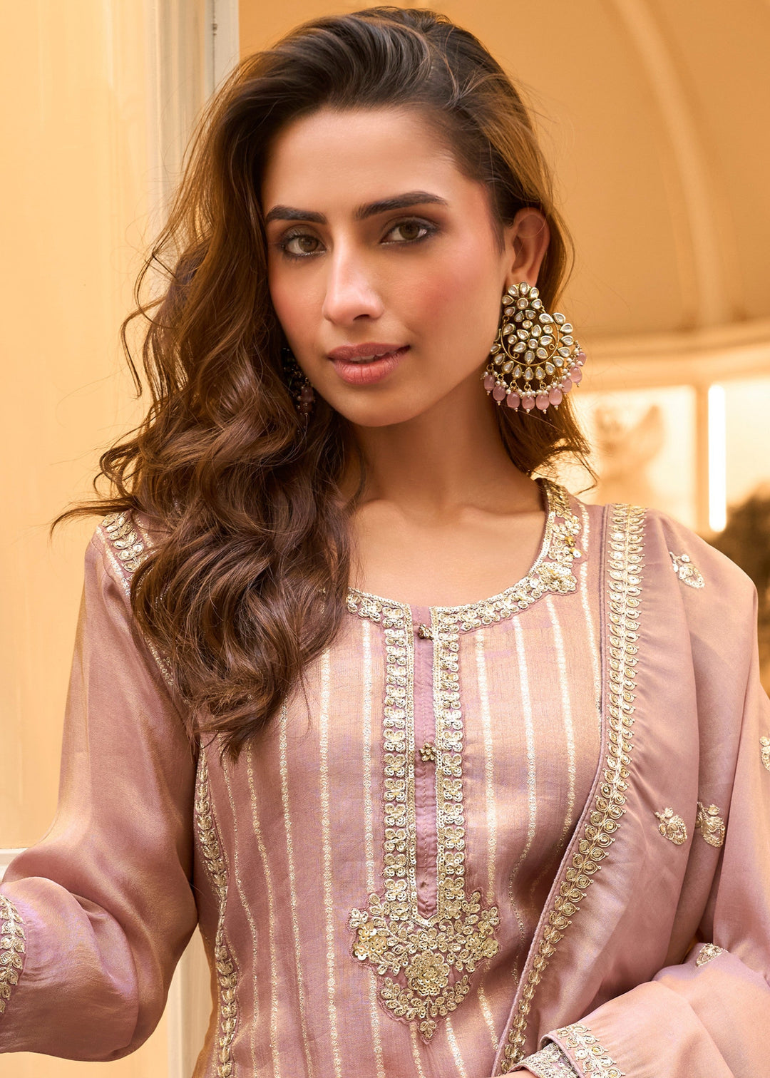 African Purple Viscose Simar Jacquard Silk Plazo Suit