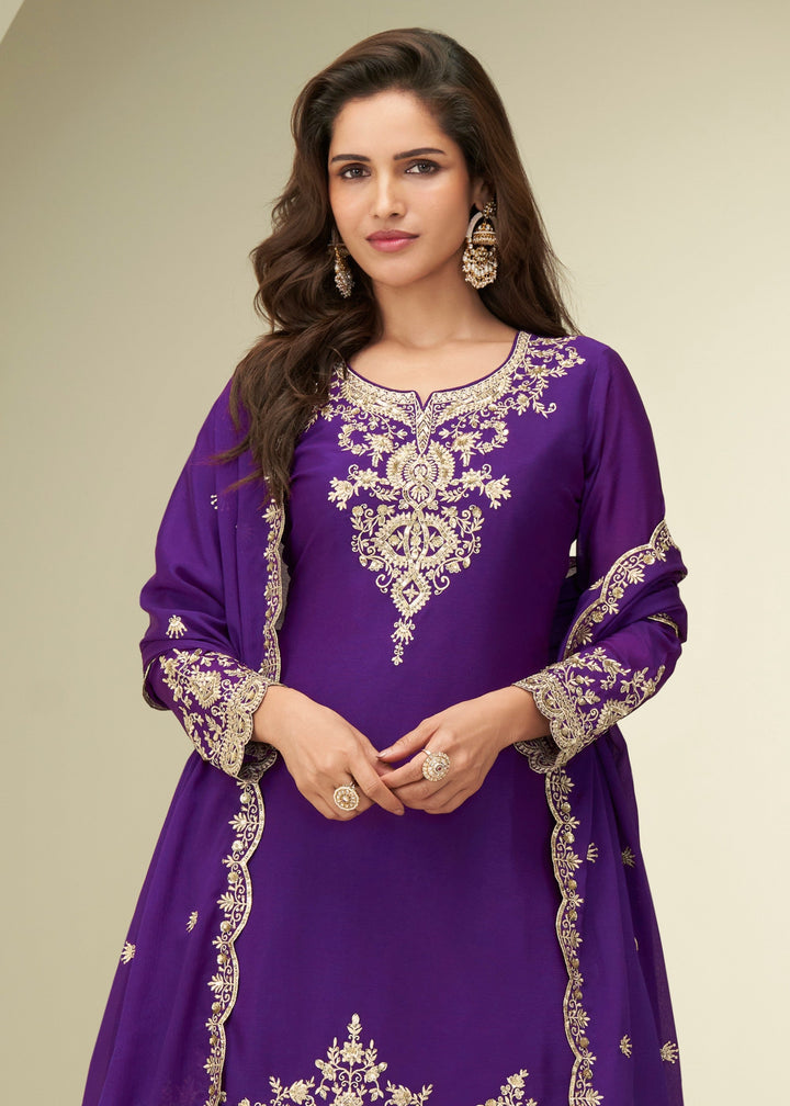 Deep Royal Purple With Golden Embroidery Chinnon Silk Salwar Suit