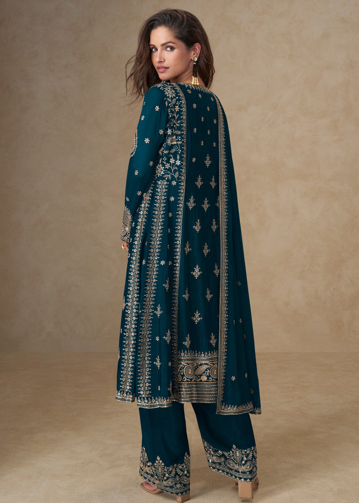 Aegean Blue Chinon Silk Suit With Embroidery Work