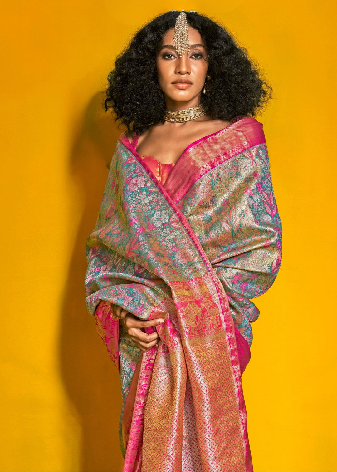Pink And Blue Pure Dharamavaram Silk Saree