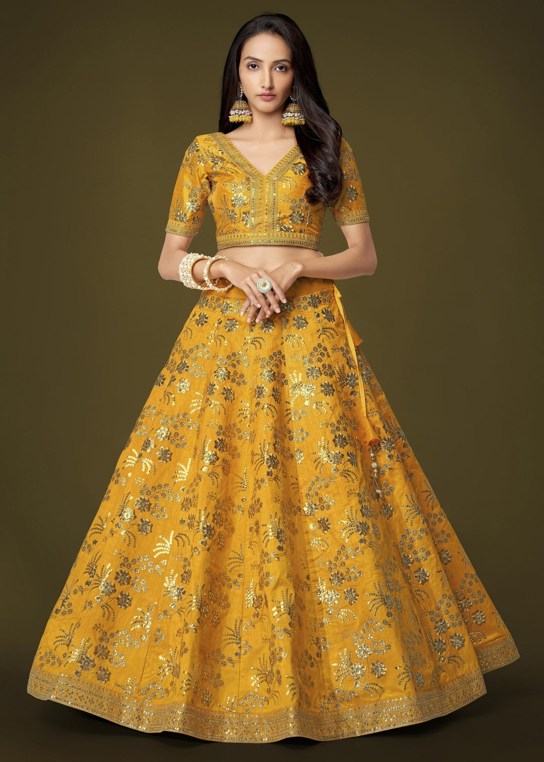 Yellow Slub Silk Lehenga with Zari Sequins and Dori Embroidery Work