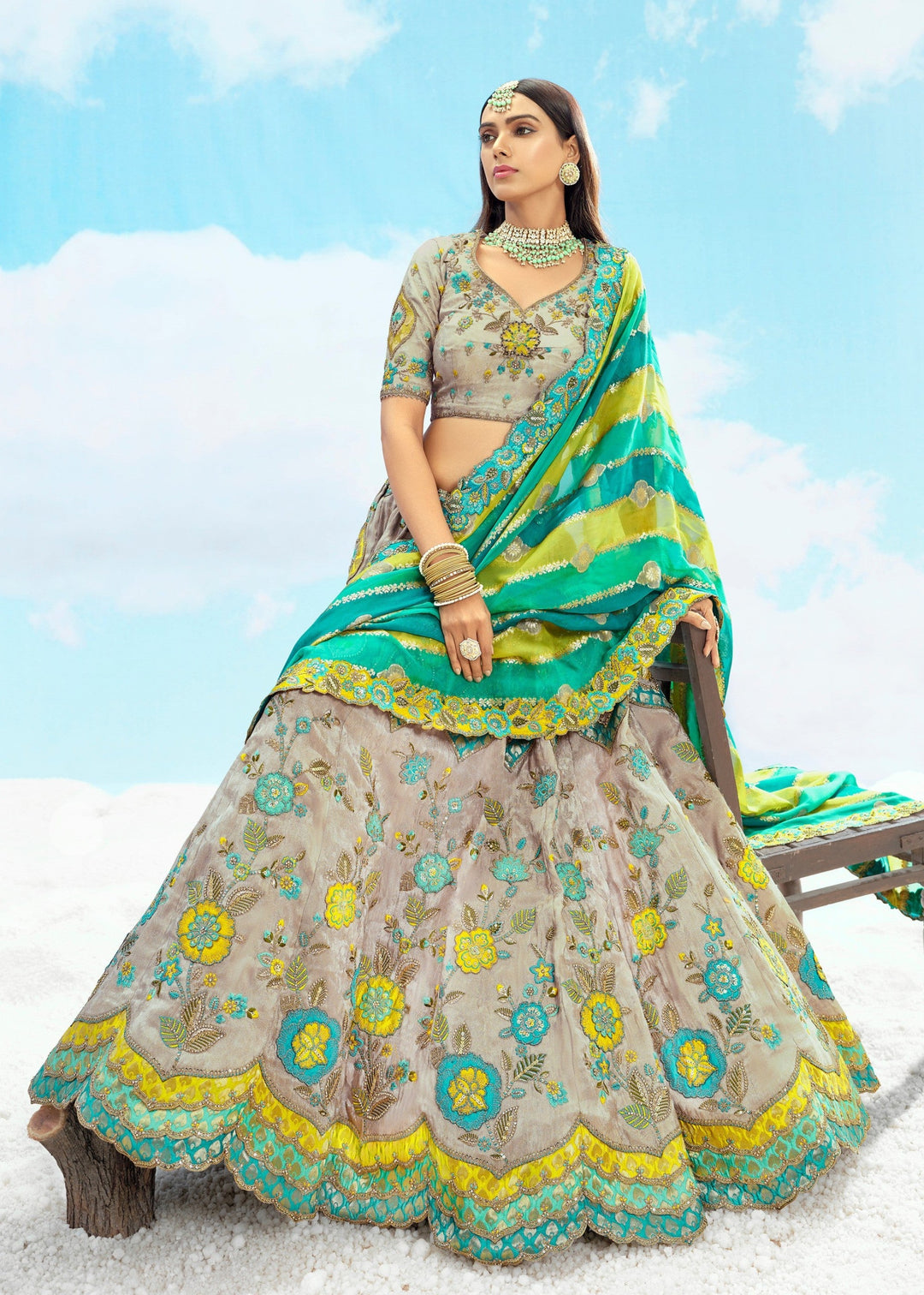 Off-White And Green Silk Lehenga With Cut Work Border