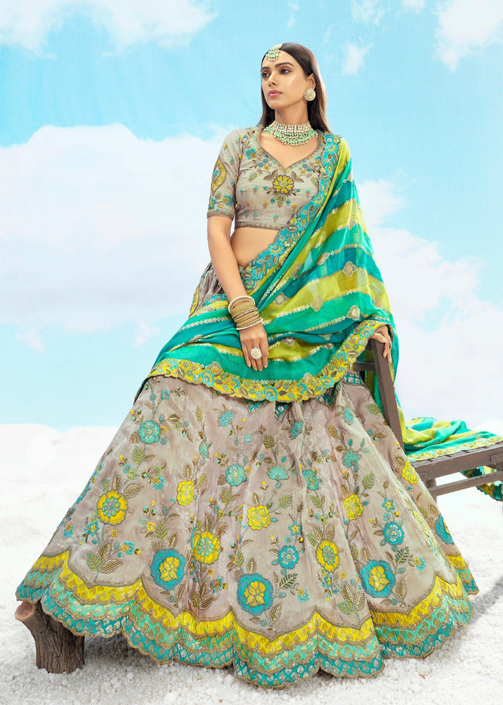 Off-White And Green Silk Lehenga With Cut Work Border