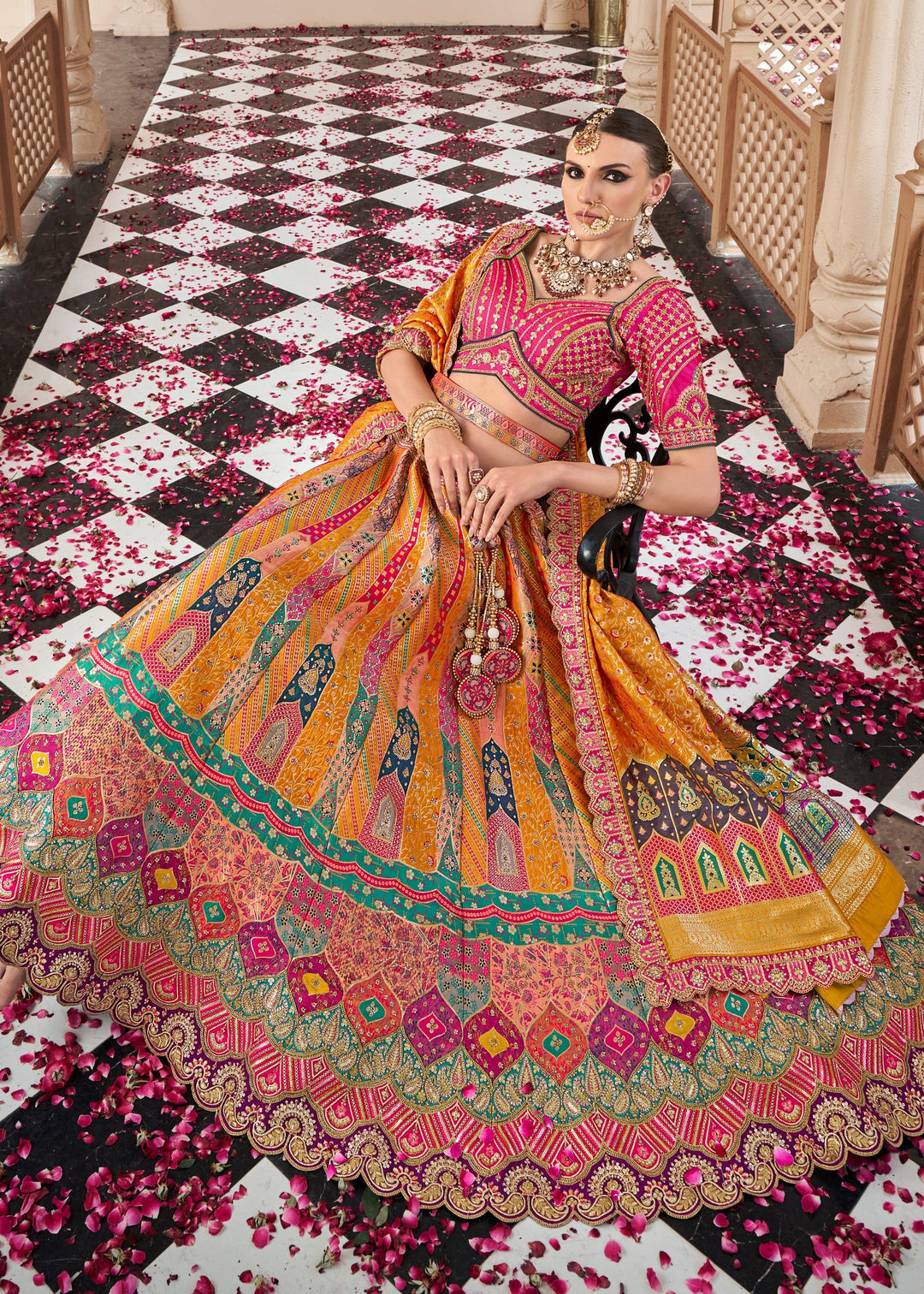 Mustard Yellow Banarasi Silk Lehenga with Zarkan & Cutwork