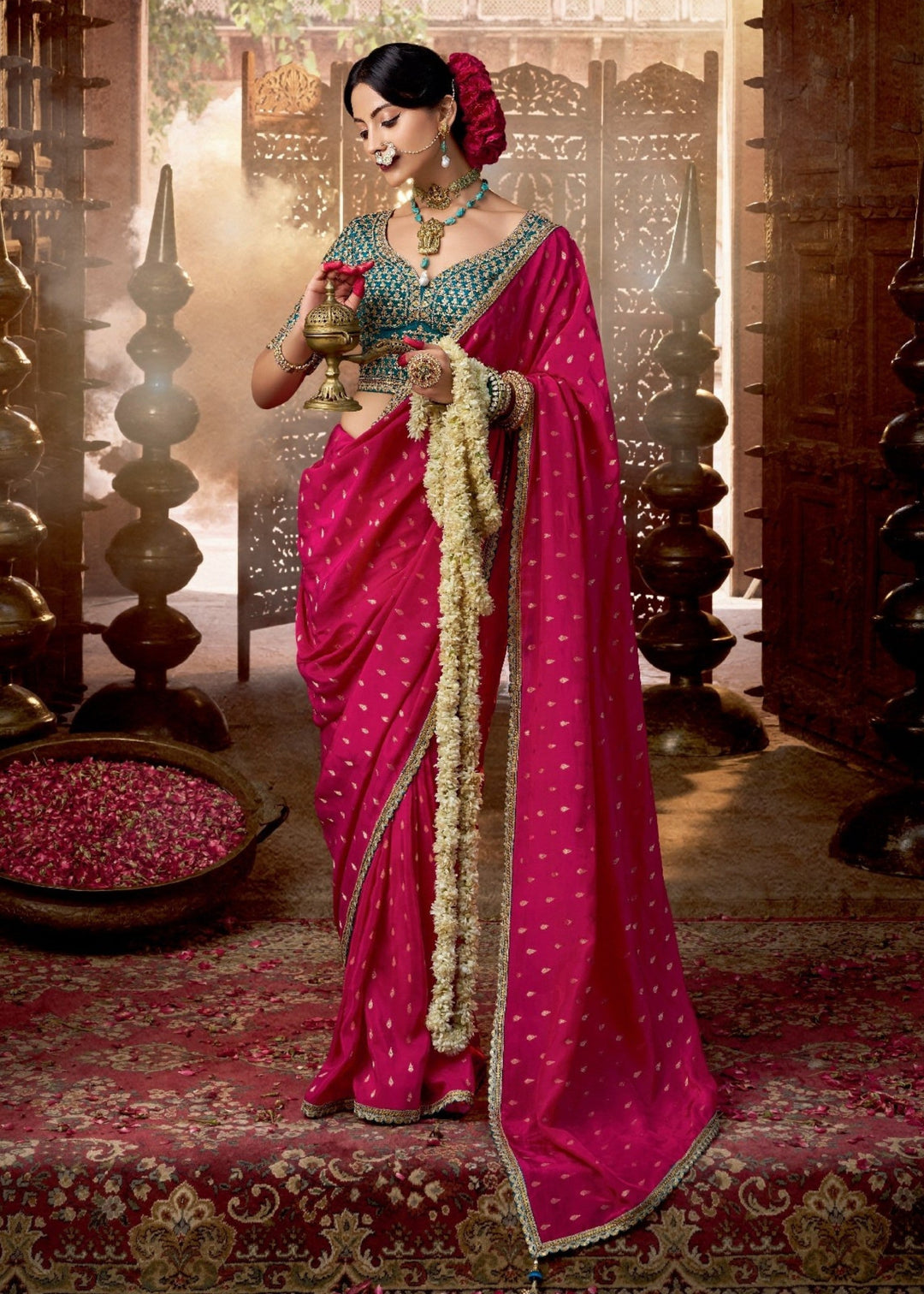 Red Pink Viscose Crepe Silk Saree