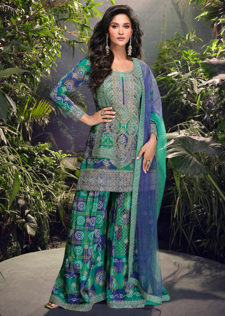 Peacock Blue Chinnon Silk Plazo Suit With Mirror & Thread Embroidered Work