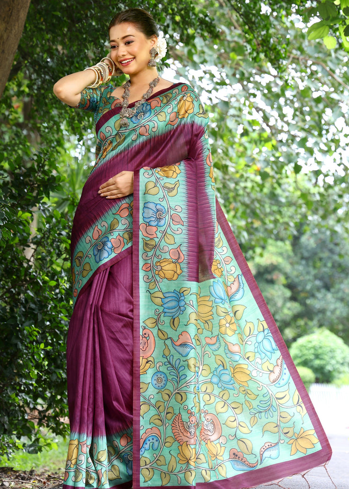 Wine Solid Design Cotton Silk Saree