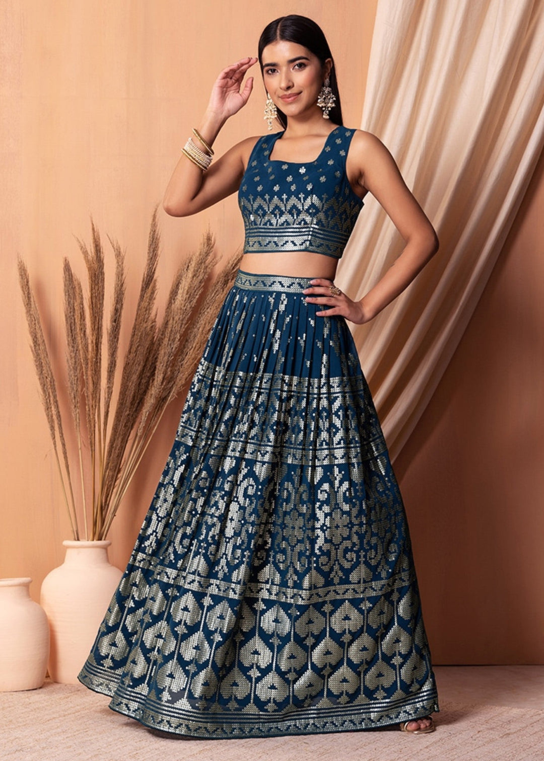 Royal Blue Georgette Lehenga Choli With Sequins And Thread Embroidery Work