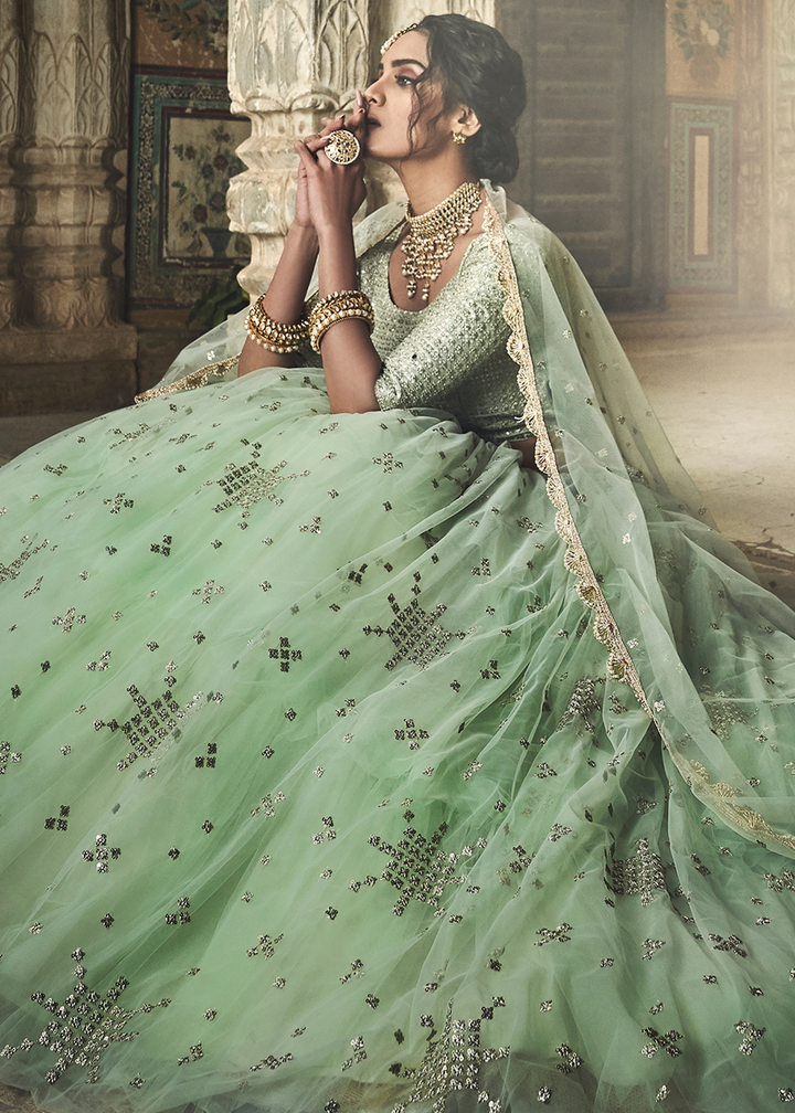 Sea Green Soft Net Lehenga with Sequins & Zari work