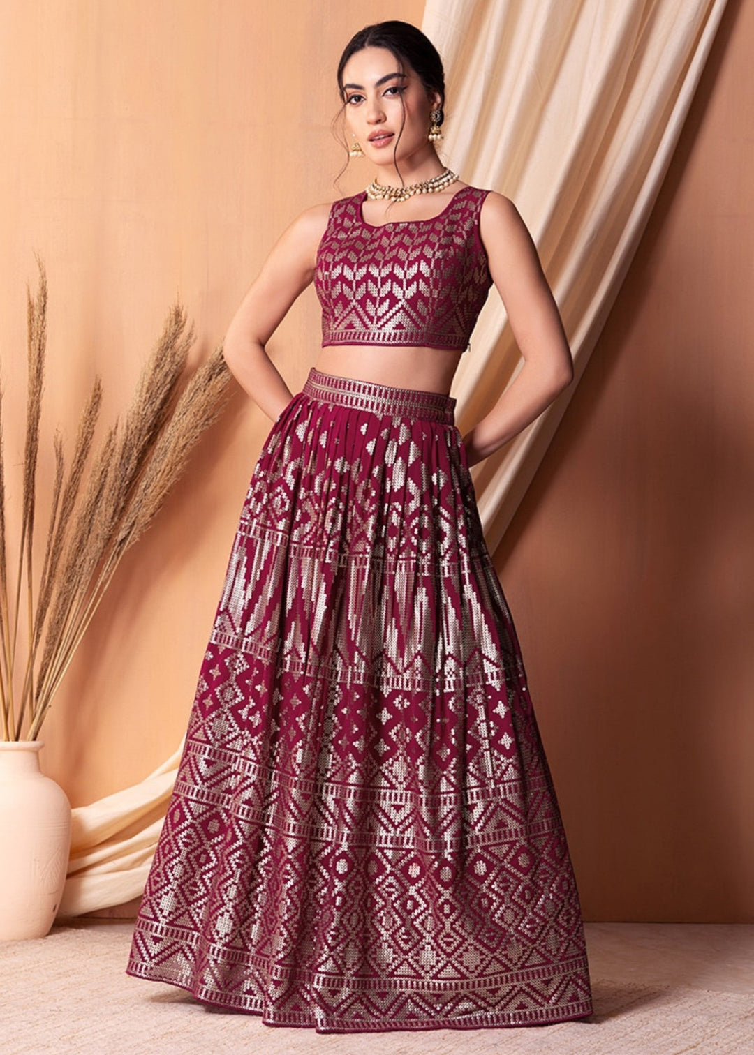 Ruby Pink Georgette Lehenga Choli With Sequins And Thread Embroidery Work