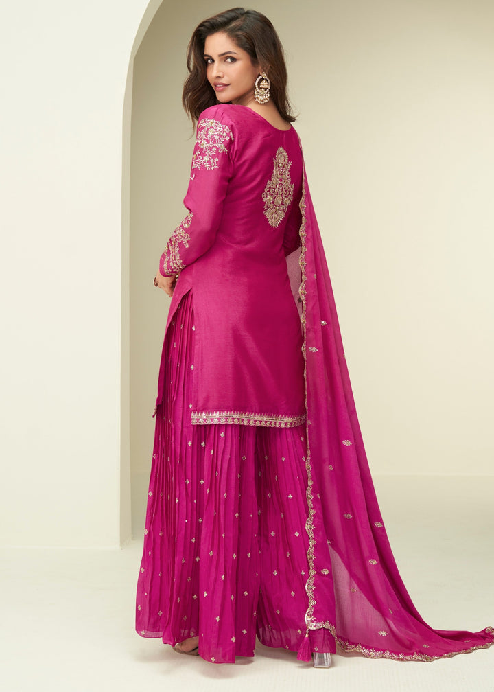 Bright Magenta/Pink With Golden Embroidery Chinnon Silk Salwar Suit