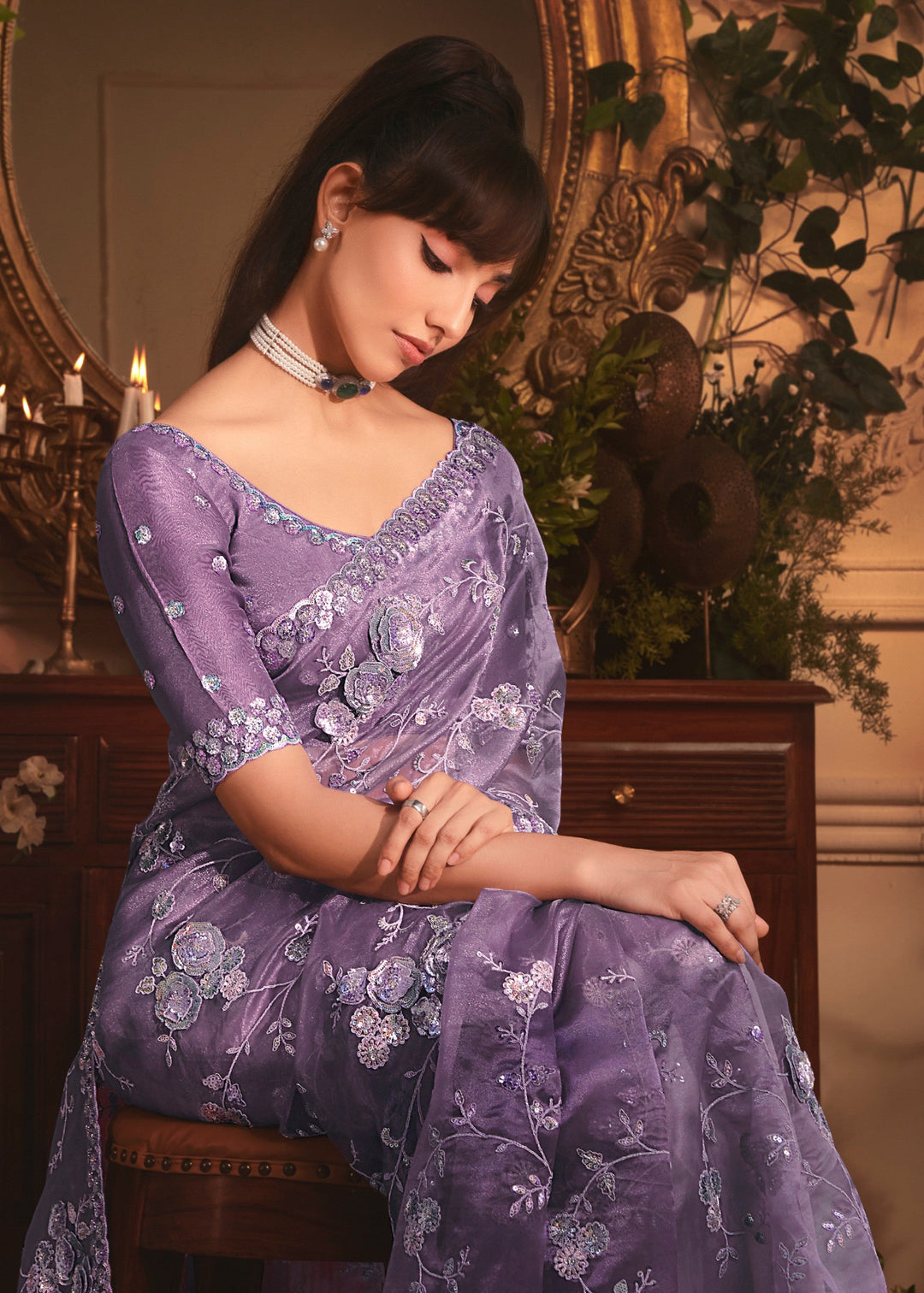 Lavender Purple Tissue Organza Silk Saree