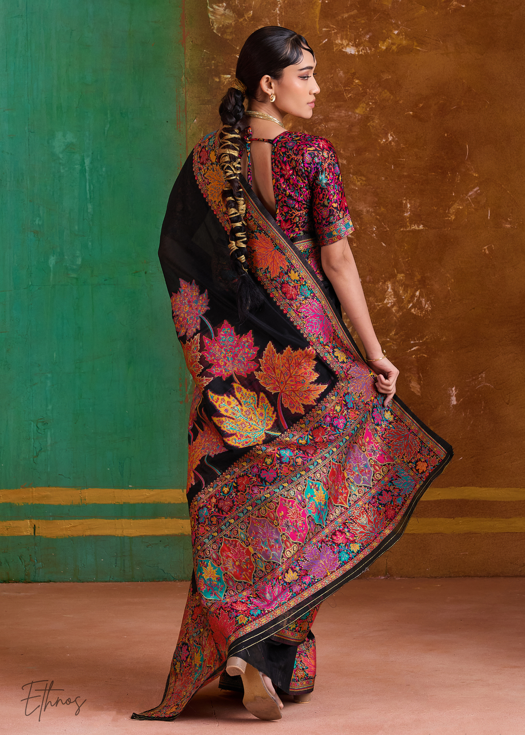 Midnight Black with Rich Multicolour Floral Weave Saree
