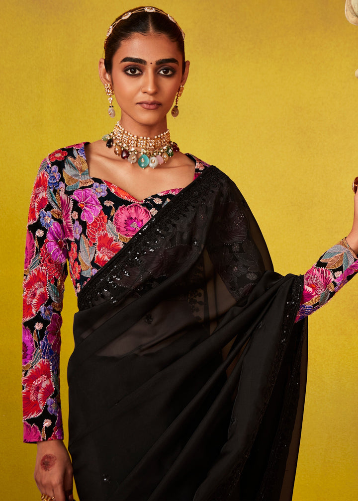 Ink Black Glass Tissue Silk Saree