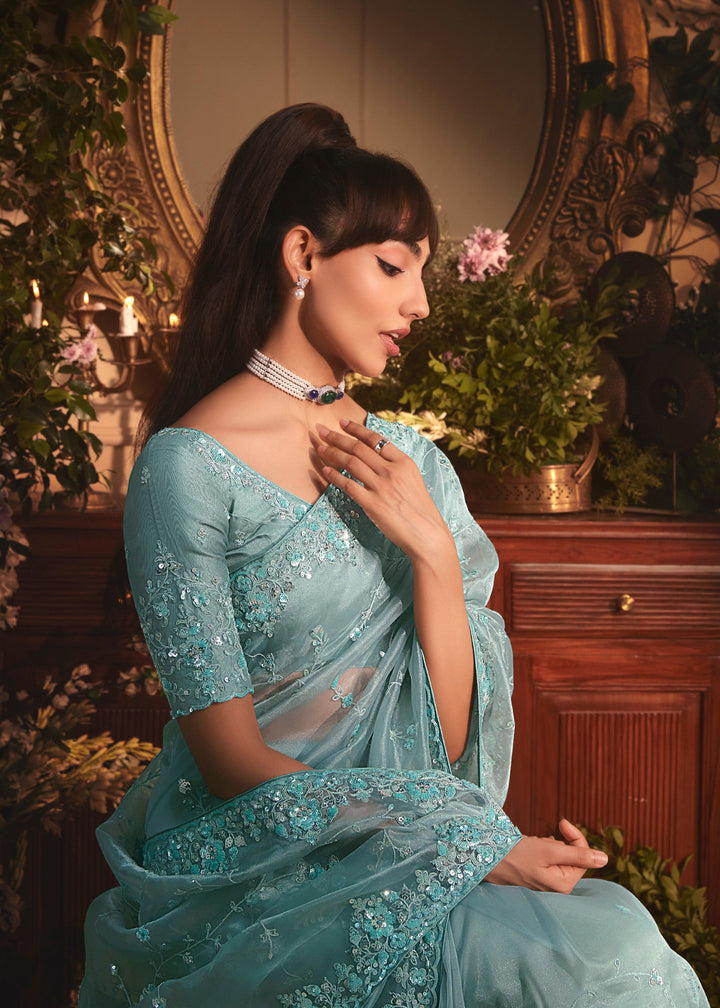 Aqua Blue Tissue Organza Saree With Heavy Embroidery