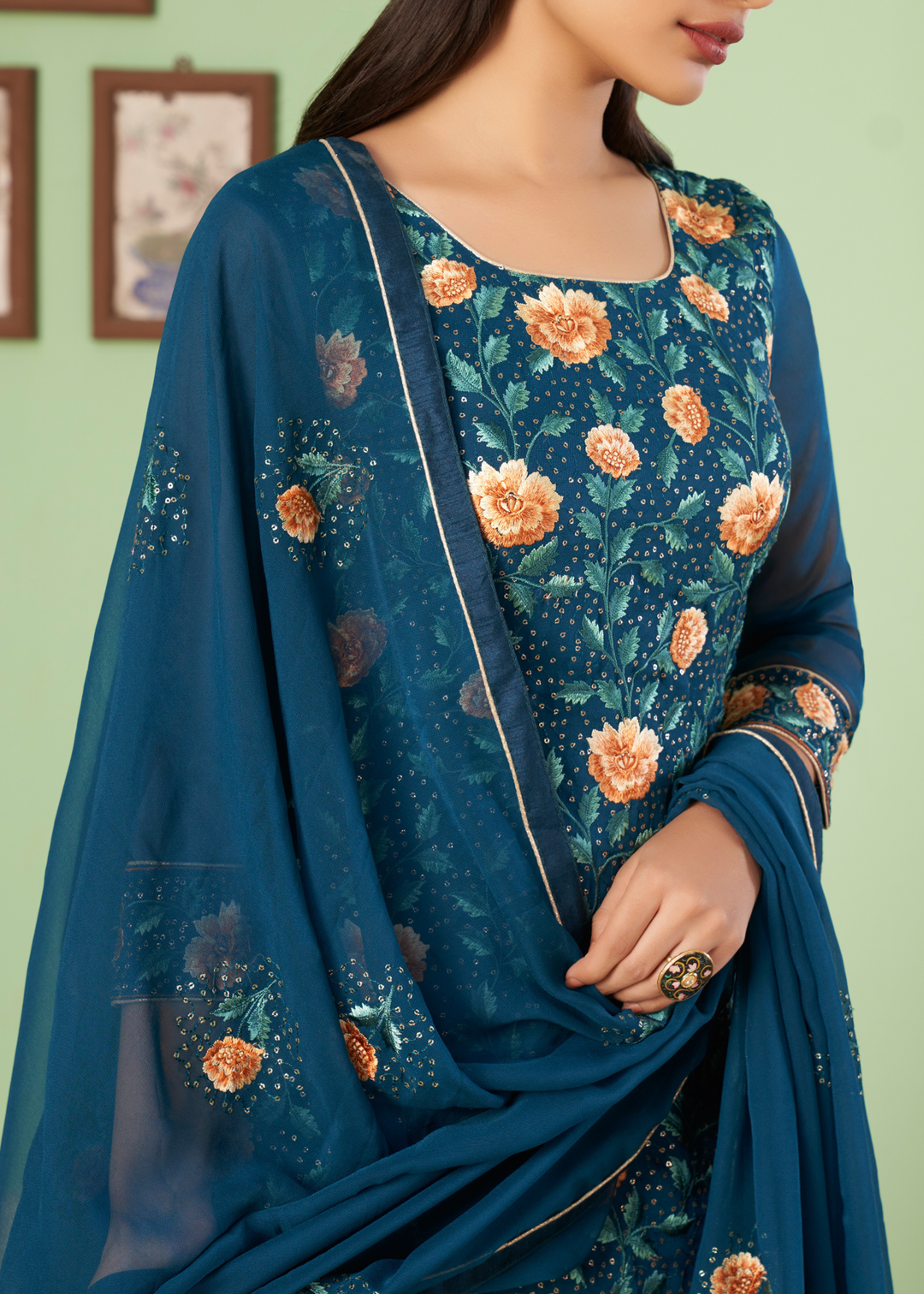 Prussian Blue Georgette Salwar Suit with Multi Colour Thread Embroidery & Sequence work