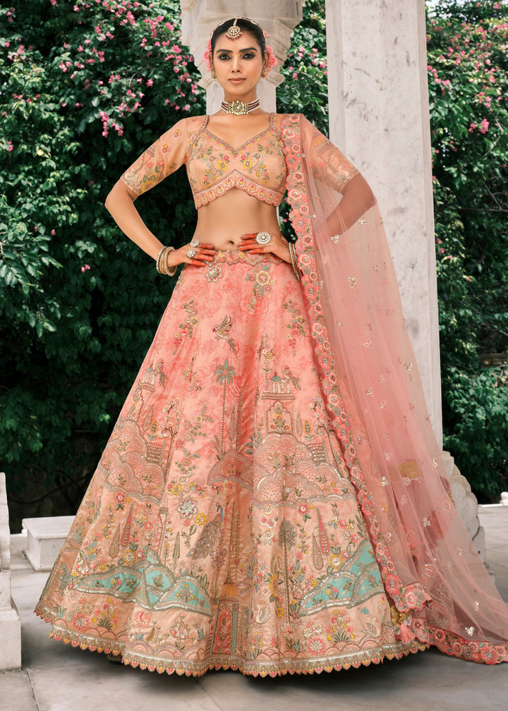 Peach Pink Fancy Silk Lehenga Choli With Cut Work Embroidery Border & Stone Work