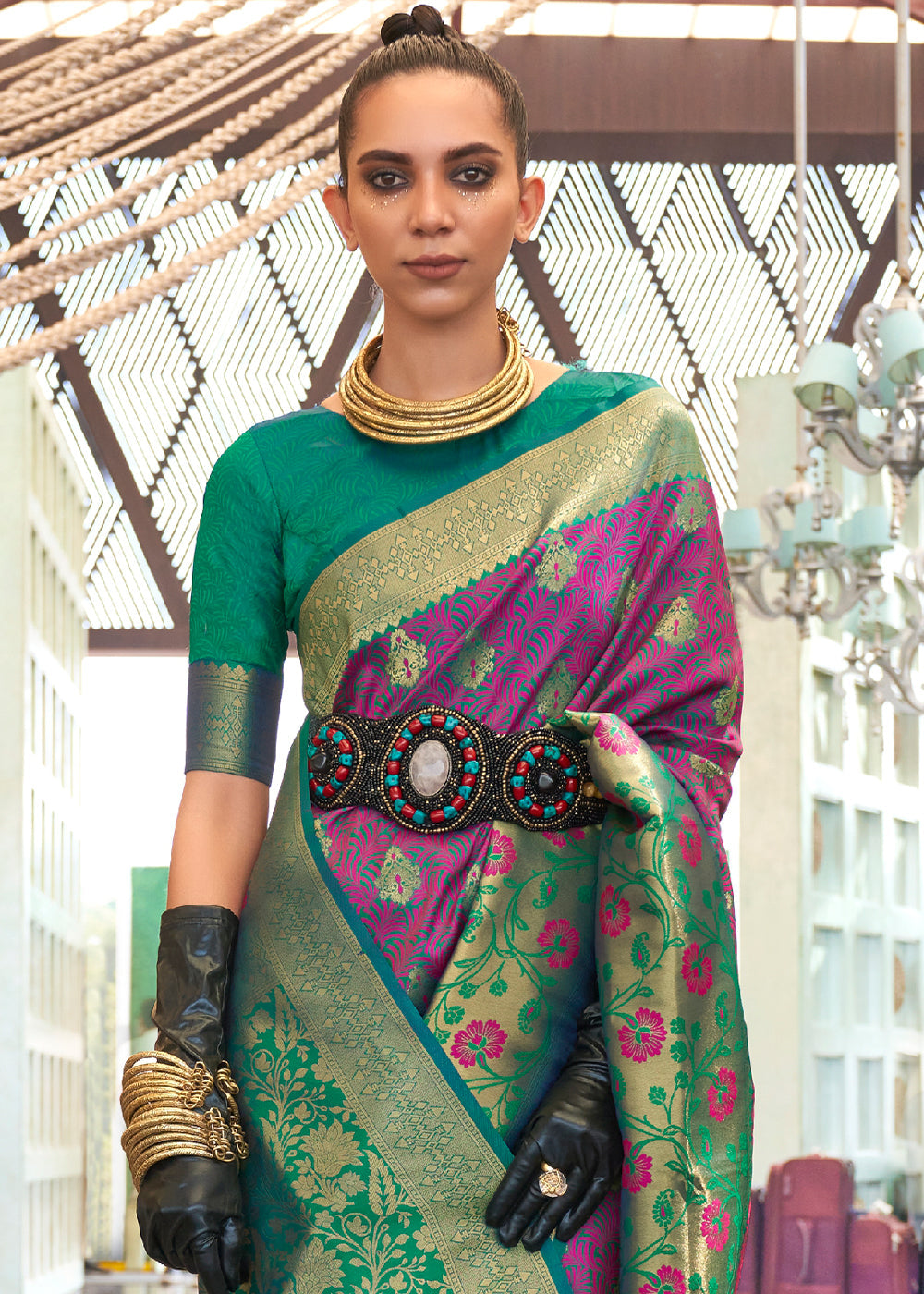 Purple & Green Zari Woven Banarasi Silk Saree