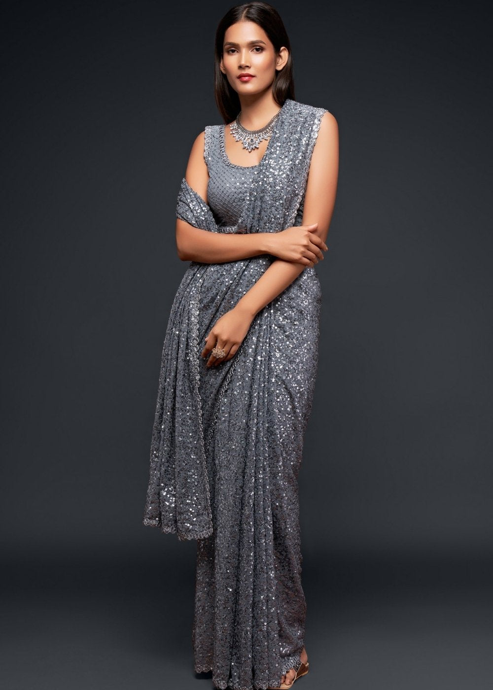 Silver Grey Designer Georgette Saree