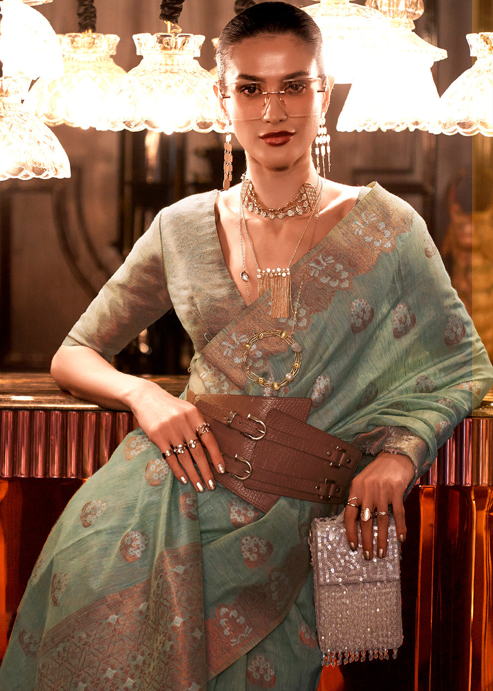 Paris Green Linen Silk Saree