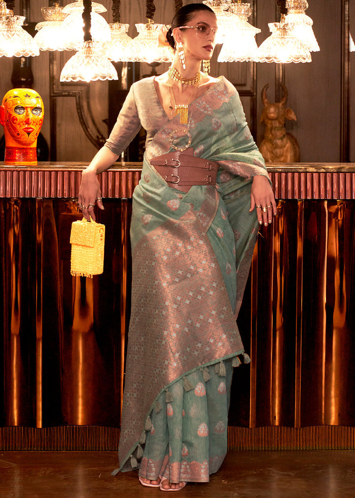 Paris Green Linen Silk Saree