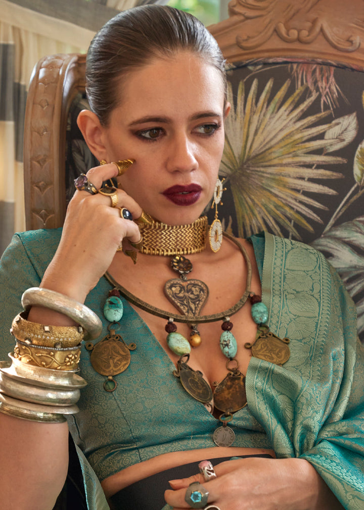 Turquoise Green Woven Satin Tissue Silk Saree