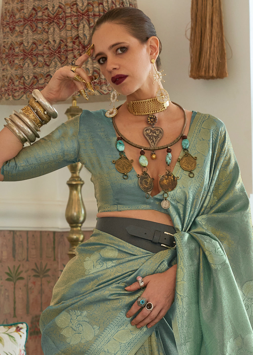 Turquoise Green Woven Satin Tissue Silk Saree