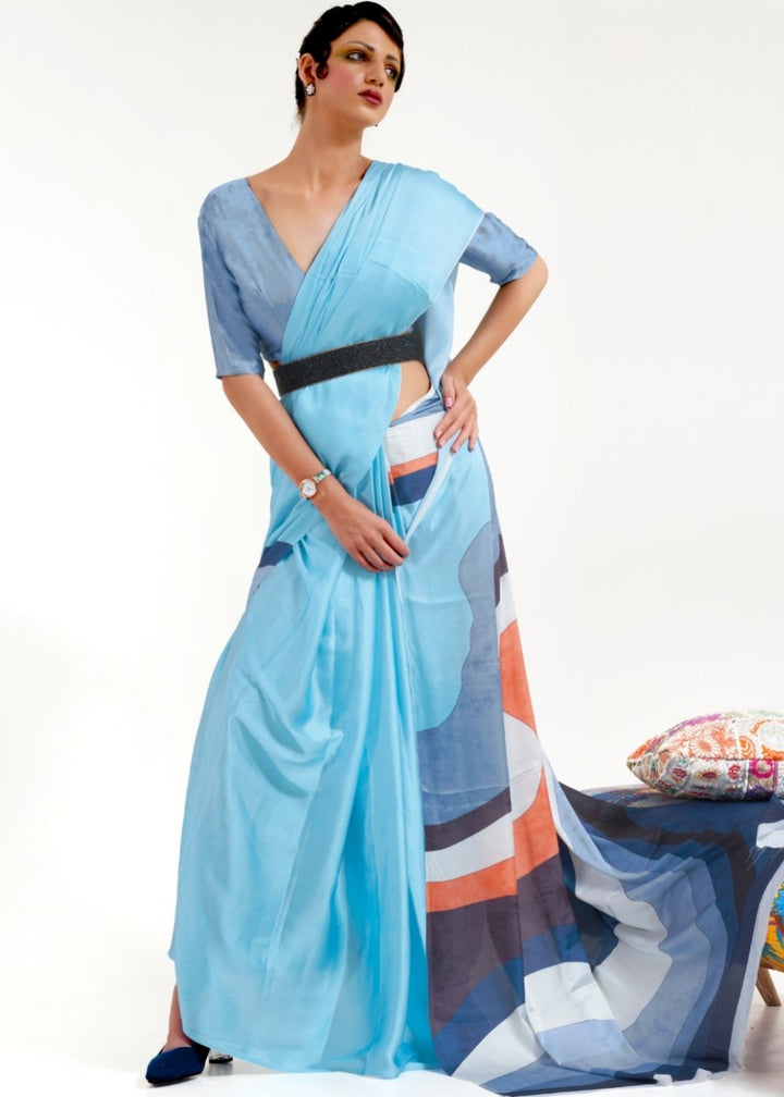 Baby Blue Printed Satin Crepe Saree