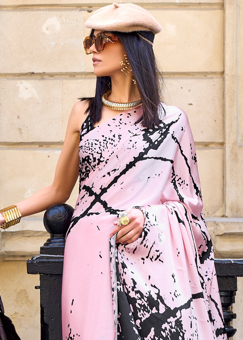 Light Pink Designer Crepe Printed Saree