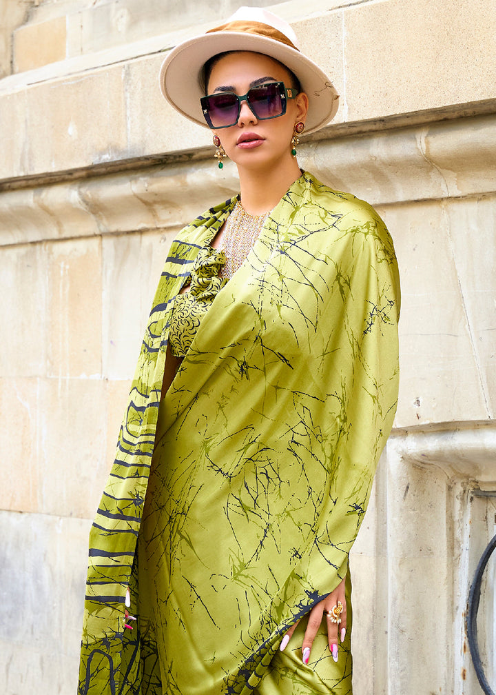Avocado Green Designer Crepe Printed Saree