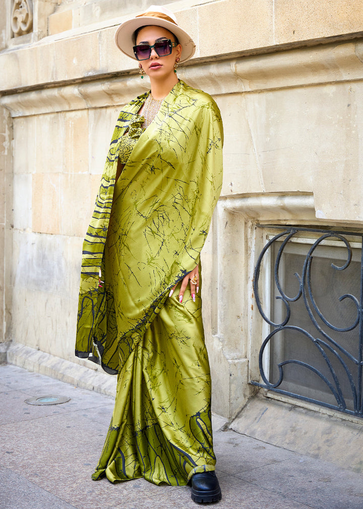 Avocado Green Designer Crepe Printed Saree