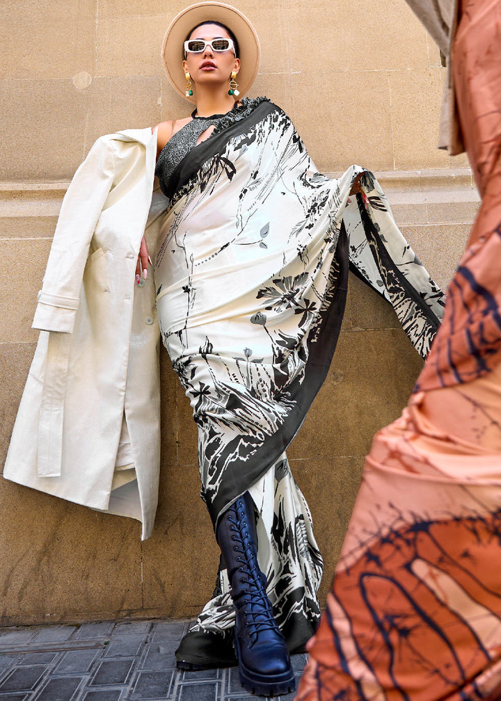 Pearl White Designer Crepe Printed Saree