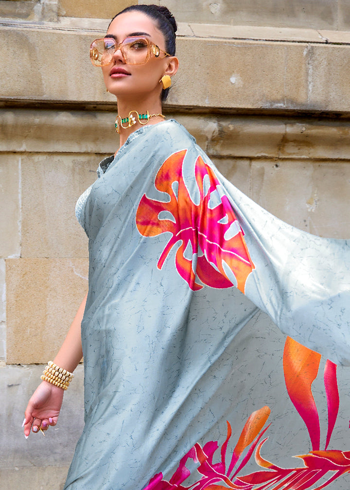 Pearl River Grey Designer Crepe Printed Saree