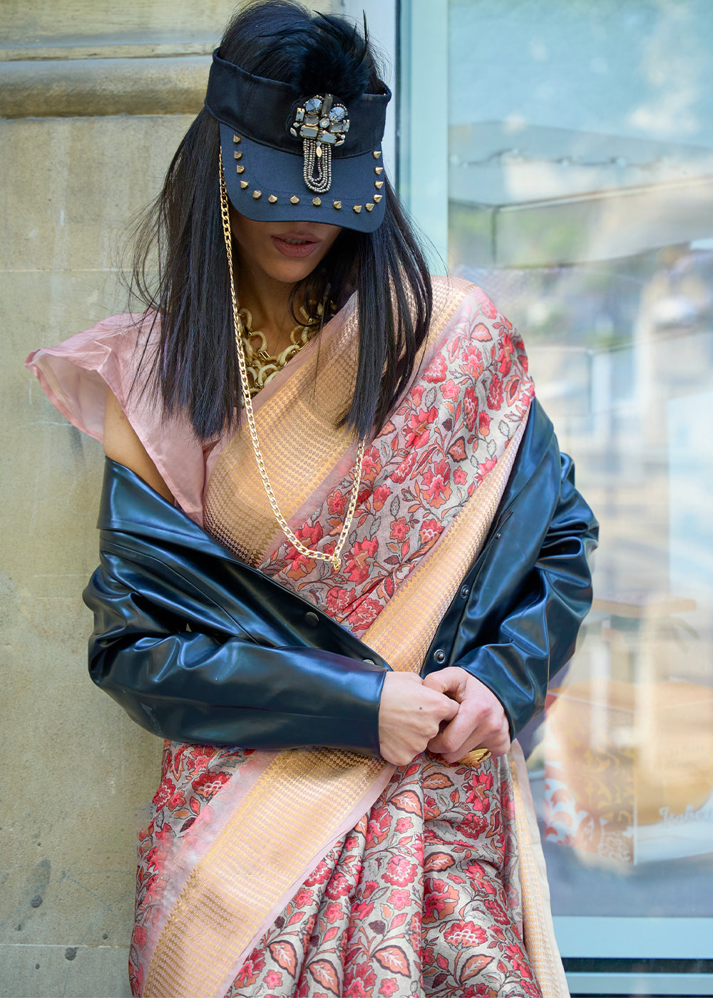 Pink & Beige Satin Organza Saree