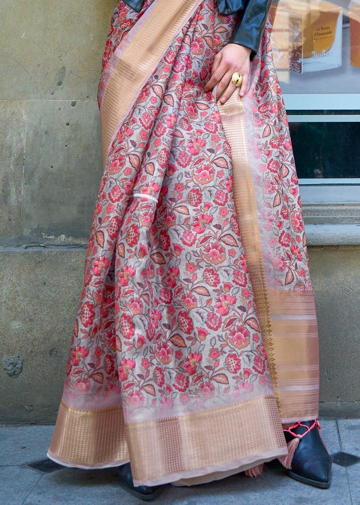 Pink & Beige Satin Organza Saree