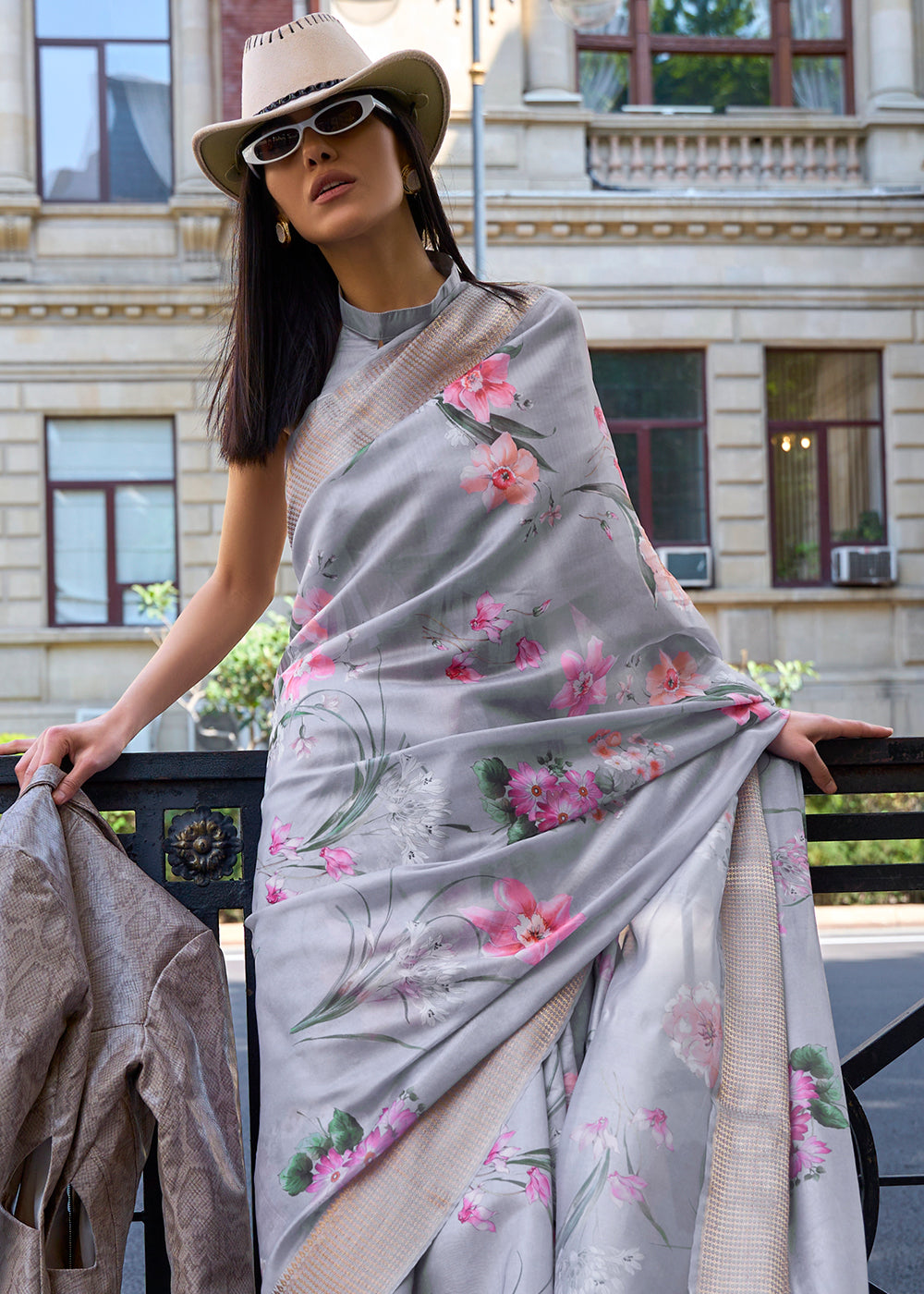 Misty Grey Satin Organza Saree