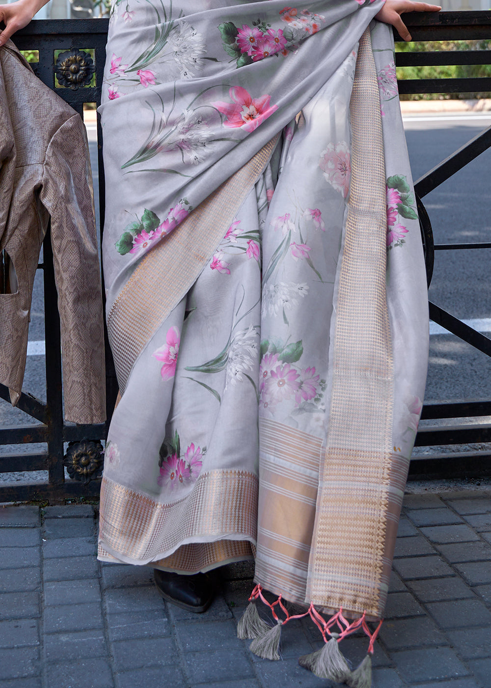 Misty Grey Satin Organza Saree