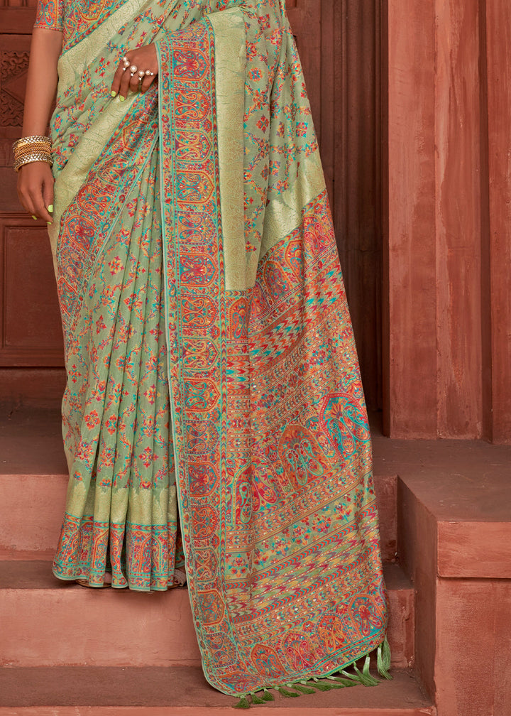 Pastel Green Banarasi Kora Silk Saree with Pashmina Weaving & Zari Border Pallu