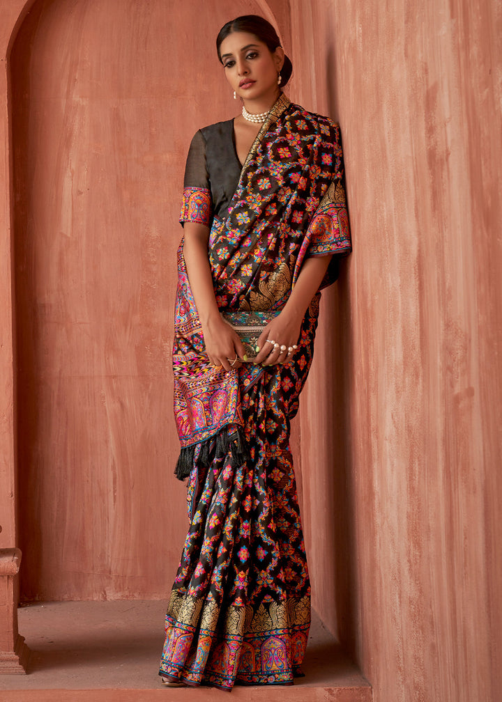 Midnight Black Banarasi Kora Silk Saree with Pashmina Weaving & Zari Border Pallu