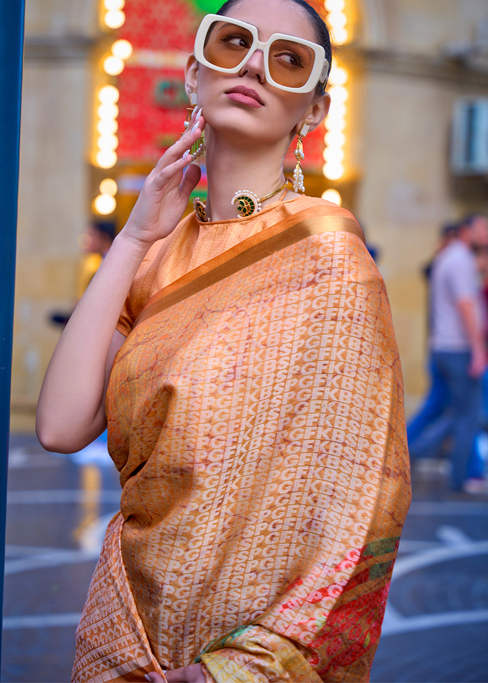 Blue & Orange Printed Viscose Saree