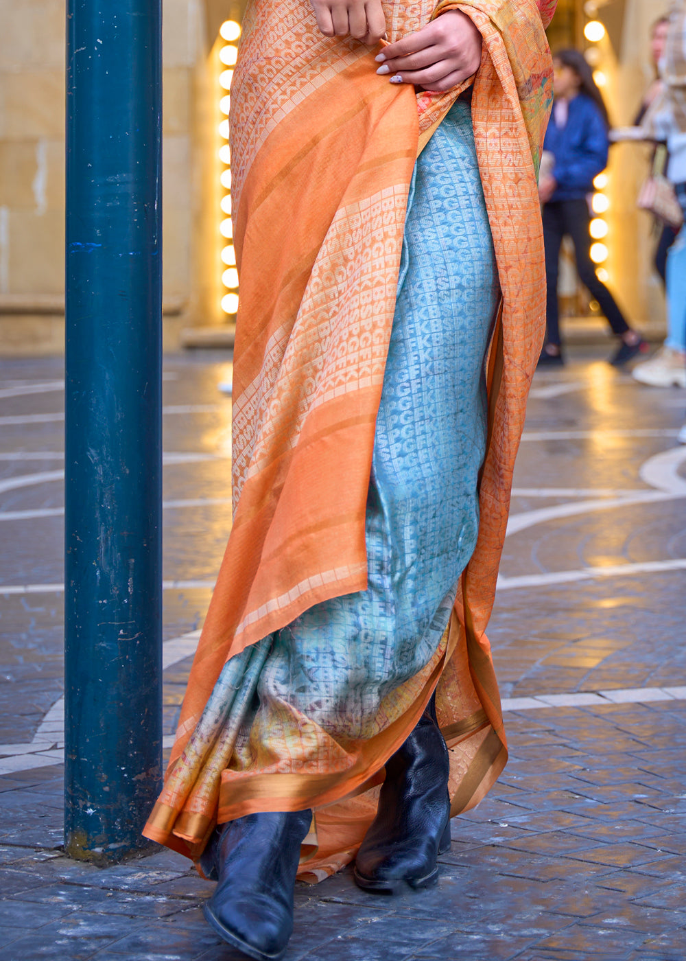 Blue & Orange Printed Viscose Saree