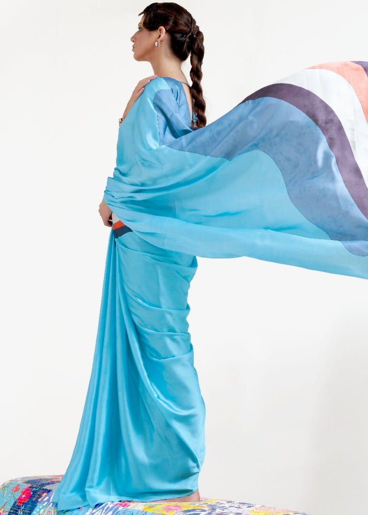 Baby Blue Printed Satin Crepe Saree