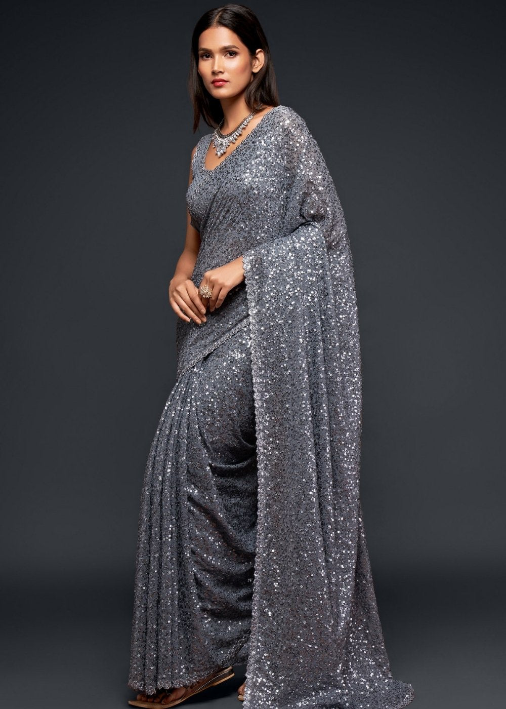 Silver Grey Designer Georgette Saree