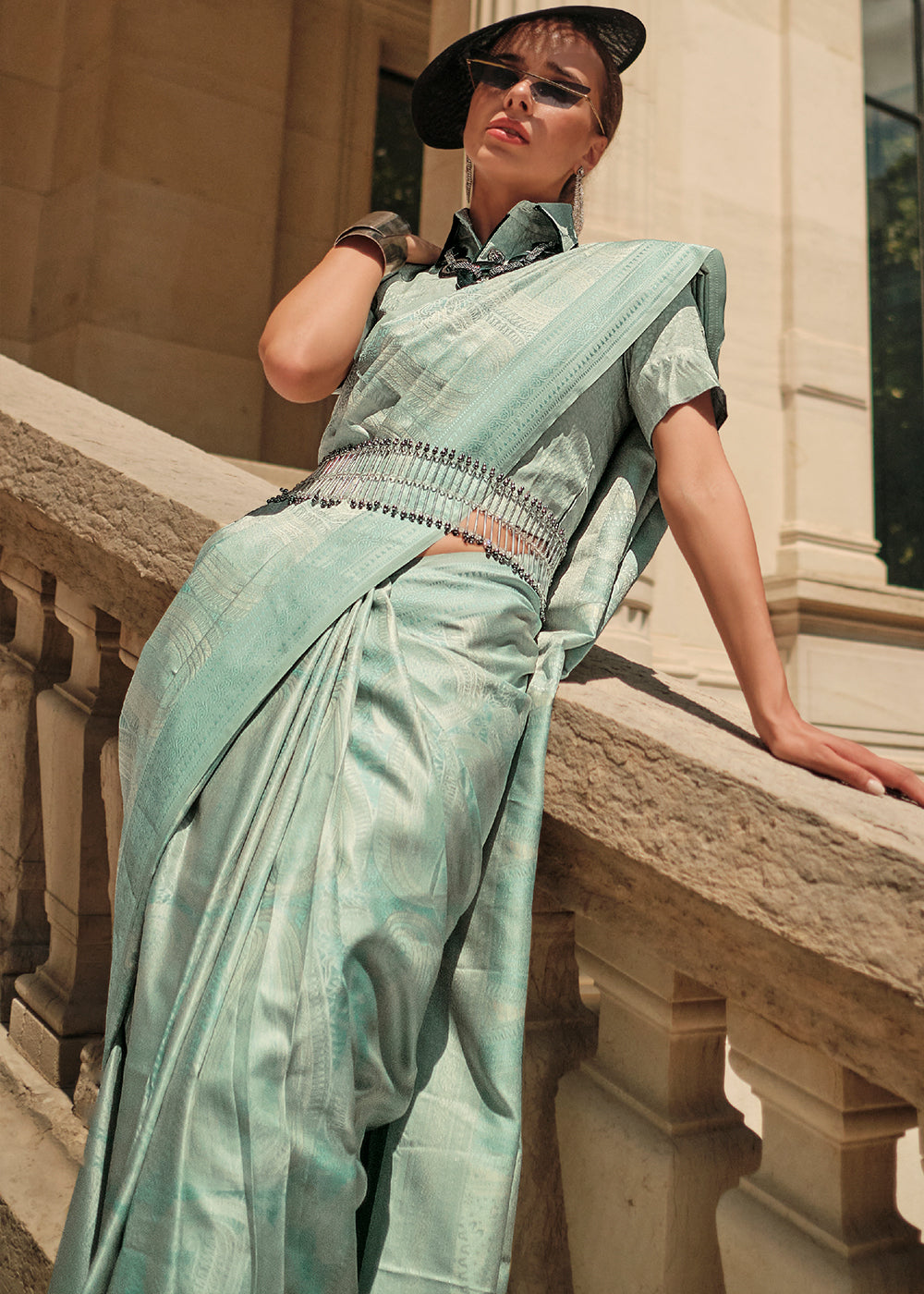 Light Caribbean Green Satin Silk Saree