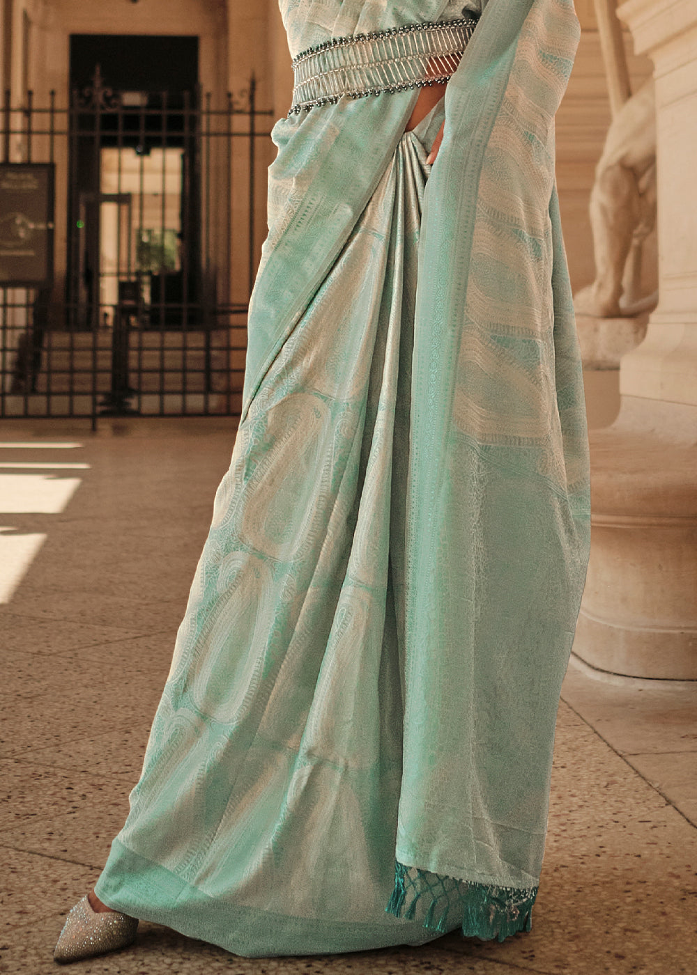 Light Caribbean Green Satin Silk Saree