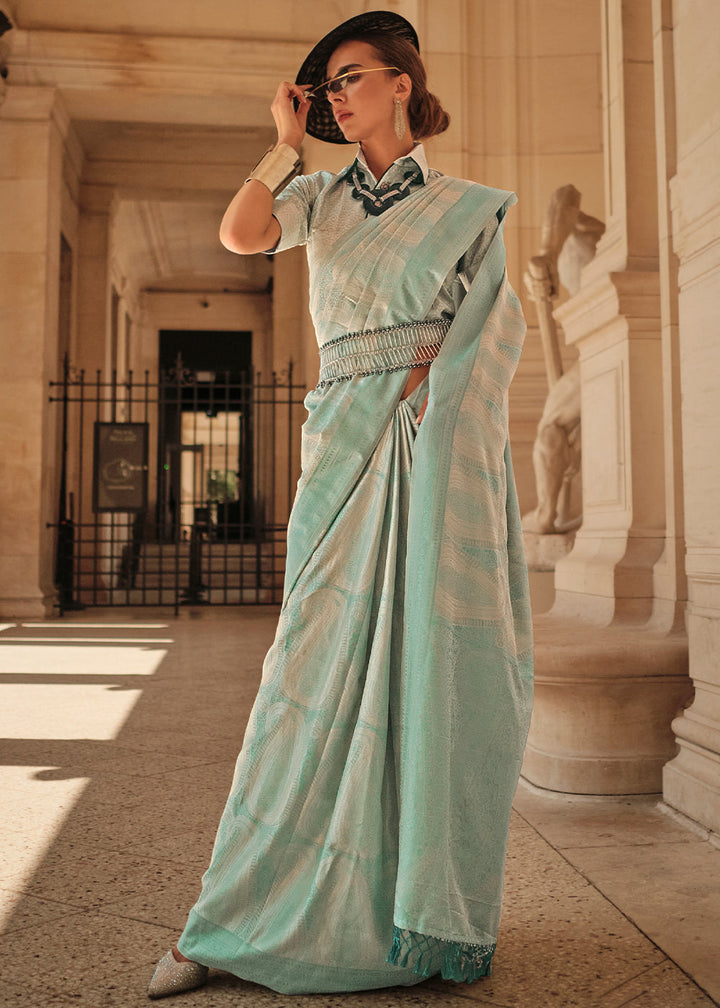 Light Caribbean Green Satin Silk Saree
