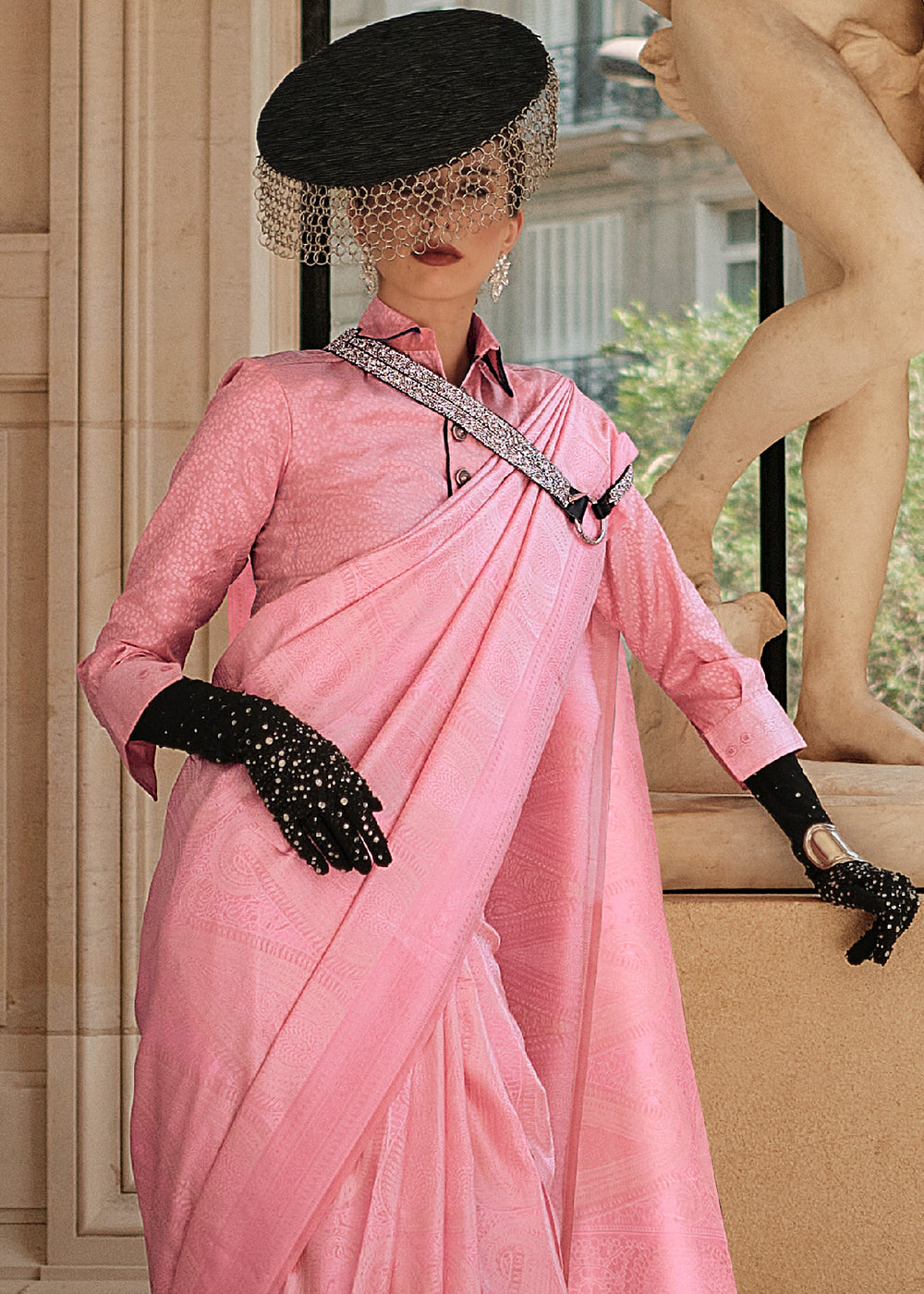 Flamingo Pink Satin Silk Saree
