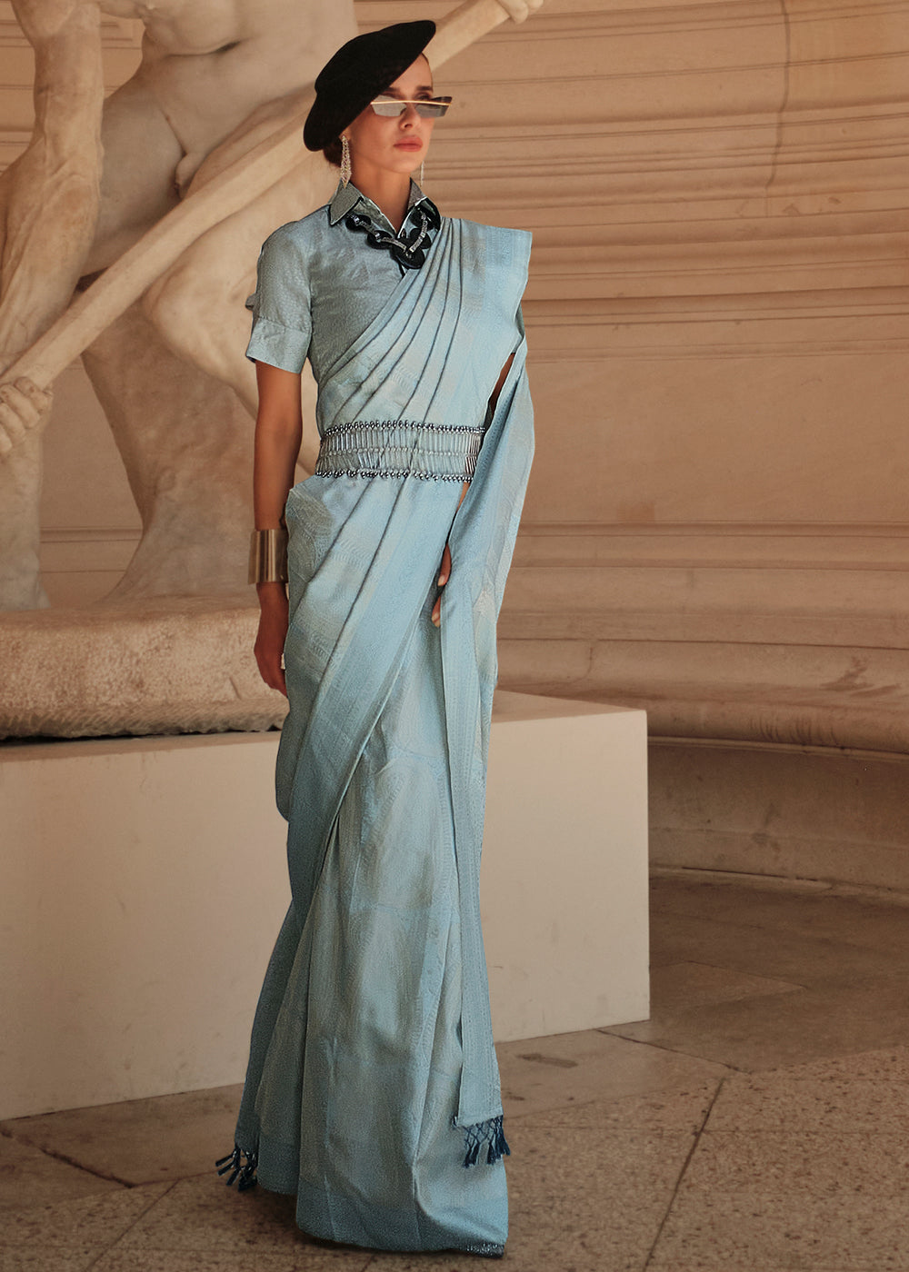 Blue & Silver Satin Silk Saree