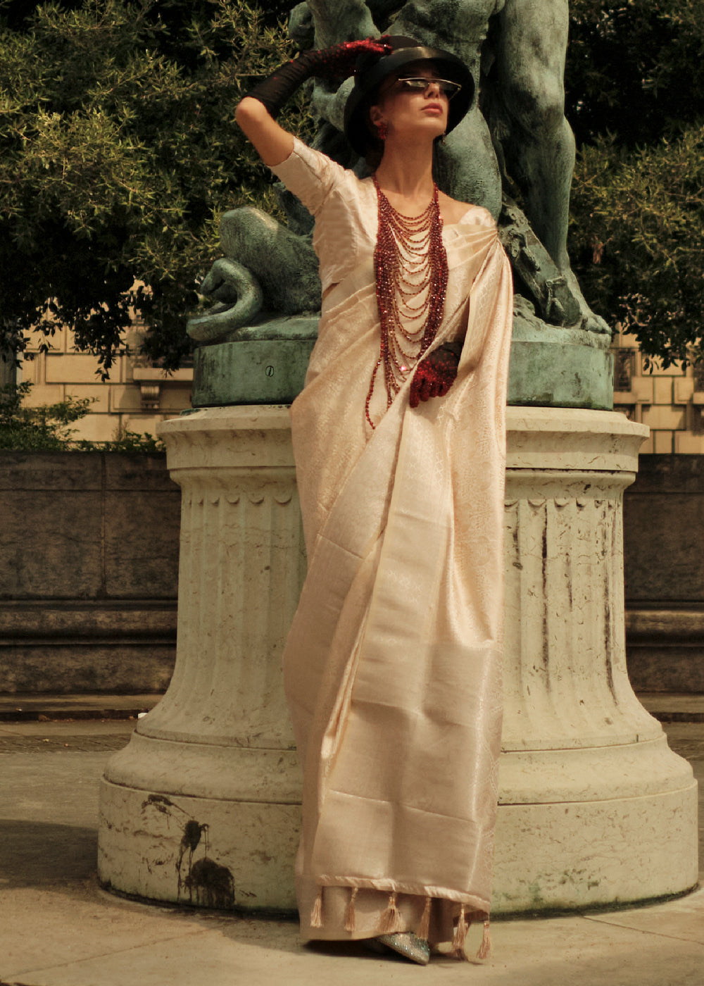 Beige Brown Satin Silk Saree